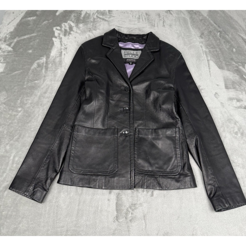 Vintage 90s Wilsons Black Leather Jacket Womens Small S Purple Lining Button Y2K